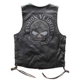 Plus Size Cycling Wear Cow Skin Leather Vest Vintage Motorcycle Skull Leather Vest Black Colour