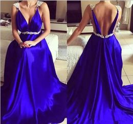 Royal Blue 2020 Prom Dresses Sexy Backless Straps Satin Lace Applique Beaded A Line Custom Made Evening Party Gowns Formal Ocn Wear