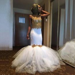 2023 Sexy Mermaid White and Gold African Prom Dresses With Tulle Puffy Skirt Spaghetti Straps Lace Corset Arabic Party Gowns 1101