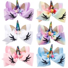 8'' Kids Barrettes Horse Horn Hair Bows Glitter Ears With Flower Rainbow Hair Clips For Girls Boutique Hairpins Hair Accessories Unicorn