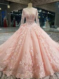 Applique 3D Floral Ball Prom Dresses Long Sleeves Lace Sheer Neck Illusion Back Formal Evening Party Gown Custom Made