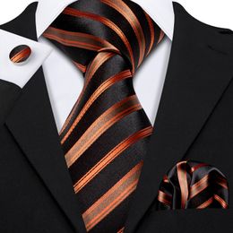 -Livraison rapide Cravate de soie Set noir Orange Striché En gros Jacquard Tissé Crousillots de poche Carré Boutons de manchette Square Business N-5250
