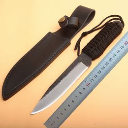 On Sale! Outdoor Survival Straight Knife High Carbon Steel Drop Point Hand Forged Blade Full Tang Paracord Handle With Leather Sheath