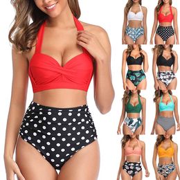 Women Vintage Swimsuit Two Piece Retro Halter Ruched High Waist Print Bikini Set 2020 Summer Hot Sale Push Up Bra Padded