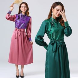 Traditional Women Silk Rayon mongolian robe Vintage cheongsam style long dress party Dance stage Performance wear asia Costume