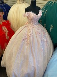 Real Pictures Light Pink Sequin Quinceanera Dresses 2020 Hand Made Flowers Pearls Off The Shoulder Ball Gown Prom Sweet 16 Dress Pageant