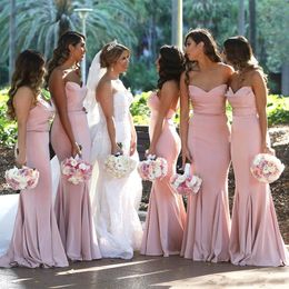 Blush Pink Sweetheart Satin Mermaid Long Bridesmaid Dresses Ruched Floor Length Wedding Guest Long Maid Of Honour Dresses BM0732