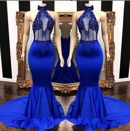 Elegant African Real Picture Royal Blue Mermaid Prom Dresses Long Satin High Neck Black Girls Prom Gowns Beaded Formal Evening Gowns