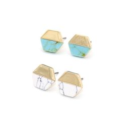 Vintage Gold Colour hexagon White Green Turquoise Marble earrings Natural Stone Stud Earrings Jewellery For Women Gift