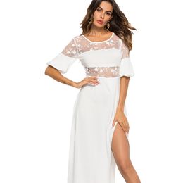 -Moda Feminina Lace Joint Maxi Vestido Médio Mangas Slit Venda Quente Estilo Americano New Elegant Wind Dress