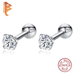 Luxury 925 Sterling Silver Small Round CZ Zircon Screw Back Stud Earrings For Women Wedding Engagement Piercing Jewelry