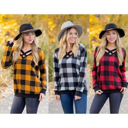 Women T Shirts Pullover Long Sleeve Tops Lady Plus Size V-neck Plaid Casual Sweatshirts Constract Colors Crossing Drawings Decorative Tees