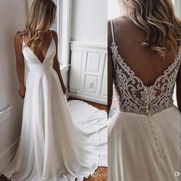 Cheap Sexy A Line Wedding Dresses Bohemian Summer Spaghetti Straps Crystal Beading With Button Beach Chiffon Plus Size Formal Bridal Gowns