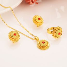 New Arrival Solid Fine Gold GF CZ Ethiopian scene Jewellery sets chain pendant ring With Red Stone African Habesha Gift Women's