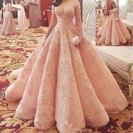 2020 New Blush Luxury Prom Dresses Vestidos De Fiesta Sheer Neckline Off Shoulders Lace Appliques Beaded A-line Quinceanera