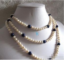 FREE SHIPPING +50" 5-8mm White Pearl Lapis Lazuli Freshwater Pearl Necklace