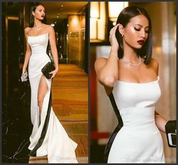 Elegant Plain Satin Slim Evening Dresses Amazing Strapless White With Black Stripe High Slit Prom Party Gowns Custom Vestidos De Soiree