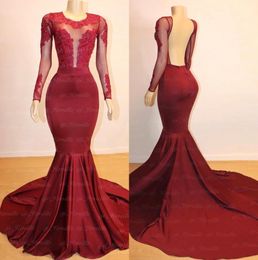 Sheer Long Sleeves Satin Mermaid Prom Dresses 2020 Tulle Lace Applique Beaded Backless Floor Length Formal Party Evening Gowns BC4100