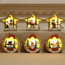 Christmas Decoration Wooden Glowing Ornament Star Round Shape LED Light Luminous Santa Snowman Deer Hanging Pendant DHL WX9-1717