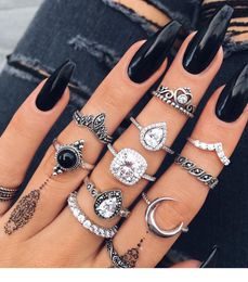 retro knuckles ring set womens girls can stack rings silver full diamond glass crystal moon ring set