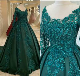 Green Lace Wedding Dresses Long Sleeves Bridal Ball Gowns Puffy Lace Appliques Wedding Gowns Petites Plus Size Custom Made