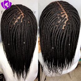 Långt flätat hår syntetiska spetsar främre peruker handgjorda samling flätor med babyhår låda flätad peruk för svarta kvinnor