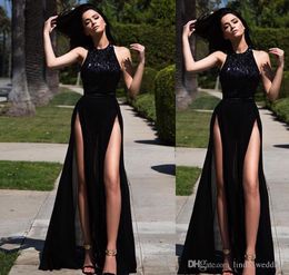 2019 Long Black Sequined Prom Dress Crew Neck Split Formal Holidays Wear Graduation Evening Party Gown Custom Made Plus Size