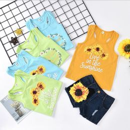 Kids Designer Clothes Girls Flower Vest Denim Shorts 2pcs Sets Floral Girl Outfits Summer Boutique Children Clothing 5 Colors DW5387