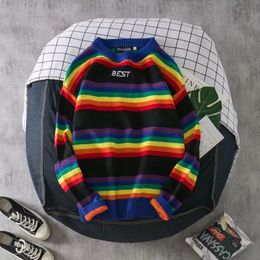 Men's & Women's Sweater Fashion Mens Rainbow Striped Hoodies Casual Couple Loose Crew Neck Sweatshirt 2 Styles Size M-2XL
