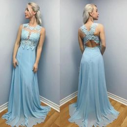 Gorgeous Chiffon A Line Prom Dresses Jewel Illution Open Back Sweep Train Formal Party Sera Abito Elegante Occasioni Special Dress