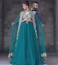 hinter green Muslim prom Dresses 2019 Tulle golden Appliques With Detachable cloak Islamic Dubai Saudi Arabic Long Evening Gown.