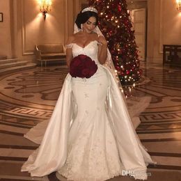 Elegant Overskirt Wedding Dresses With Detachable Train Off Shoulder Mermaid Bridal Gowns Lace Applique Beads Ivory Satin Wedding 223Z