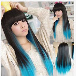 Long Black + Blue Straight Neat Bangs Women Lady Girl Cosplay Hair Wig Wigs +Cap