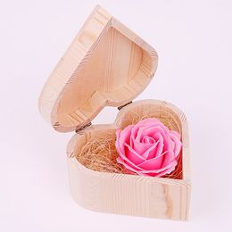 Valentine Soap Flower with Heart Shape Wooden Box Bouquet Hand Made Rose Flower Soaps For Valentine Day Wedding Lover Gifts GGA3061