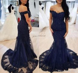 Cheap Plus Size Dark Navy Mermaid Prom Dresses Off Shoulder Sweep Train Lace Appliques Long Formal Dress Evening Party Gowns