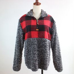 Fashion-Women Patchwork Pullover Long Sleeve Zipper Sherpa pullover Sweatshirt Soft Fleece plaid Outwear with Pockets Tops Hoodie coat