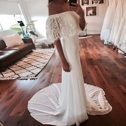 Cheap Beach Wedding Dresses Off-the-Shoulder Chiffon And Lace Country Wedding Dress Count Train Bohemian Style Bridal Gowns