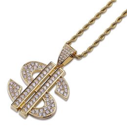 Men's $ Dollar symbol Pendant Necklace Iced Out HIpHop Jewellery Gold Silver Colour Cubic Zircon with Free Rope Chain