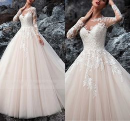 Illusion Long Sleeve Nigerian Lace Wedding Dresses Empire Waist Jewel Sheer Neckline See Though Back Bridal Gowns Plus Size A-line Wedding