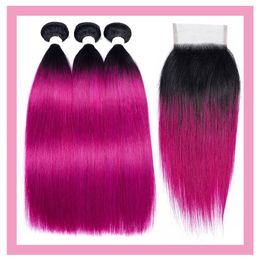 Malaysian 100% Human Hair 1B Purple Straight Virgin Hair Products 3 Bundles With 4X4 Lace Closure Middle Three Free Part Straight 1B/Purple