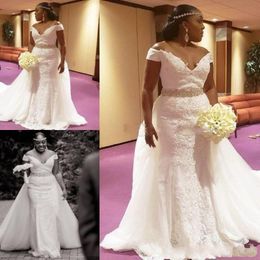 2024 Arabic Plus Size Mermaid Wedding Dresses V Neck Off Shoulder Lace Appliques Beads With Detachable Train Open Back Sashes Bridal Gowns 403