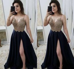 Shiny Beaded Prom Dresses Spaghetti Straps Sexy Thigh High Slits Black Satin Evening Gowns New Cocktail Party Dresses B39