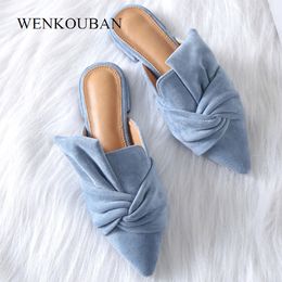 Women Sandals Summer Female Flat Shoes Flock Bowtie Slippers Ladies Fashion Low Heels Mules Elegant Blue sandales Femme 2020