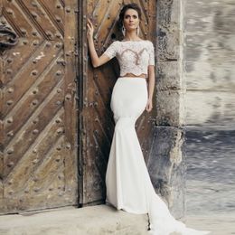 2020 Designer 2 Piece Mermaid Wedding Dresses Lace Bow Short Sleeve Bateau Wedding Reception Dress Party Bridal Gowns Plus Size Dream