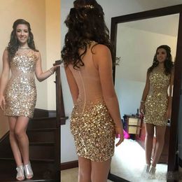 Sparkling Sequins Short Prom Dresses Jewel Neck Sheath Mini Cocktail Party Dresses Beaded Zipper Illusion See Through Sexy Evening Gowns