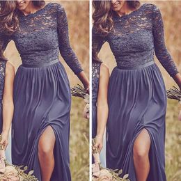 Simple V-back 3/4-Sleeve Illusion Lace and Chiffon Bridesmaid Dresses Formal Maid of Honour Beach Floor-length Custom Made Plus Size Dresses