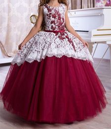 Spring 2020 Beautiful Princess Ball Gown Flower Girl Dresses Jewel Neck White Lace Overlay Burgundy Tulle Teenage Birthday Party Dresses