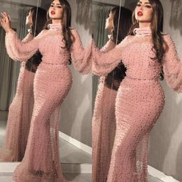 Arabic Dubai Pink Mermaid Evening Dresses Long 2020 High Neck Beaded Pearls Poet Long Sleeve Formal Party Gowns Celebrity Pageant 212e