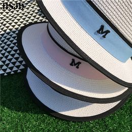 Fashion-M Letter Ribbon Round Flat Top Straw beach hat Lady Boater s panama straw fedora women's travel Sun cap snapback gorras