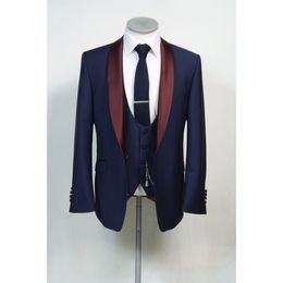 Newest Groomsmen Shawl Burgundy Lapel Groom Tuxedos One Button Men Suits Wedding/Prom/Dinner Best Man Blazer ( Jacket+Pants+Tie+Vest ) B518